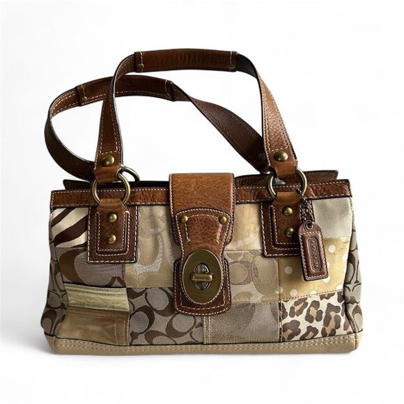 Coach Patchwork Signature Leather Suede Shoulder Bag Neutral Boho Satchel 10816 - Picture 1 of 14